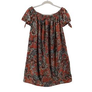 Soprano Off Shoulder Tunic Dress Small Rust Paisley Bohemian Mini Tie Sleeve Fun